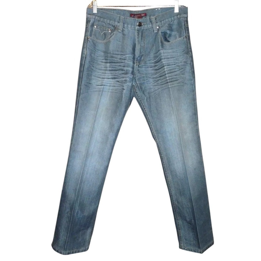 Old Skool Jeans Size‎ 32 Blue Denim Straight Leg Whiskered Light Wash 35 x 30